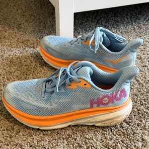 Hoka Light Blue & Orange Mesh Running Shoes with Pink Logo